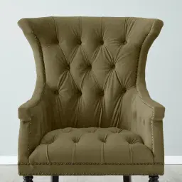 Deco Olive Green Velvet Armchair - Dark Brown Legs