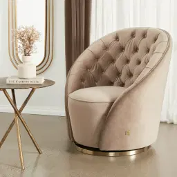 Sonja Mushroom Velvet Swivel Occasional Chair - Brushed Champagne Gold Stainless Steel Legs