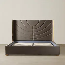 Gertrude Mushroom Velvet Queen Bed - Brushed Champagne Gold Stainless Steel Frame