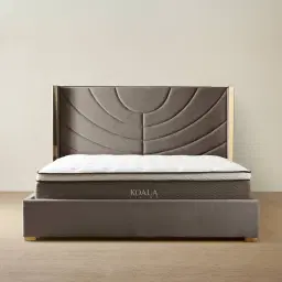 Gertrude Mushroom Velvet King Bed - Brushed Champagne Gold Stainless Steel Frame
