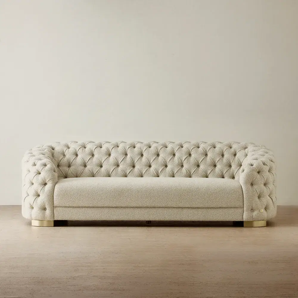 Kelly Pearl Beige Fabric 3-Seater Sofa - Champagne Gold Legs