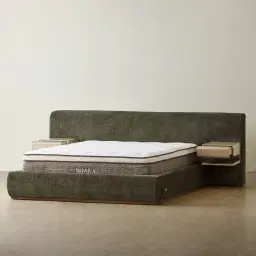 Riviera Green Chenille Fabric King Bed with Medium Brown Ash Veneer
