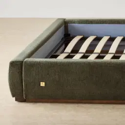 Riviera Green Chenille Fabric Queen Bed with Medium Brown Ash Veneer