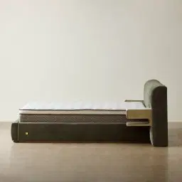 Riviera Green Chenille Fabric Queen Bed with Medium Brown Ash Veneer