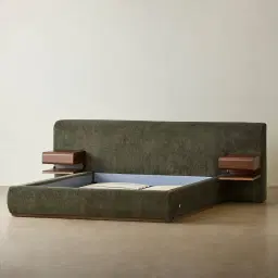 Riviera Green Chenille Fabric Queen Bed with Smoky Ash Veneer