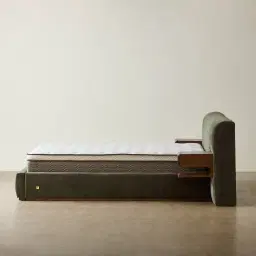 Riviera Green Chenille Fabric King Bed with Smoky Ash Veneer