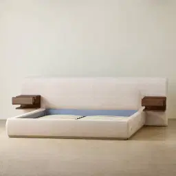 Riviera Powder White Chenille Fabric Queen Bed with Smoky Ash Veneer