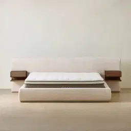 Riviera Powder White Chenille Fabric Queen Bed with Smoky Ash Veneer